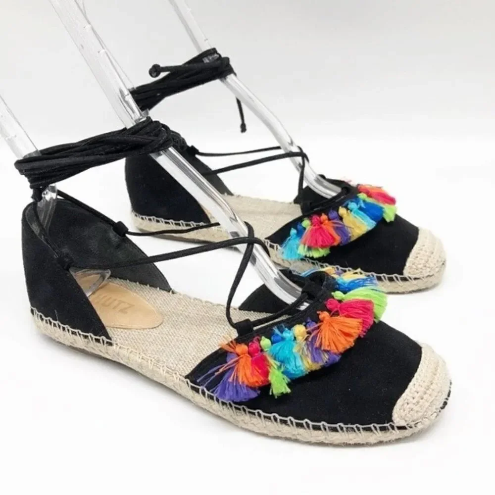 SCHUTZ Asha Black Suede Tassel Flat Espadrille